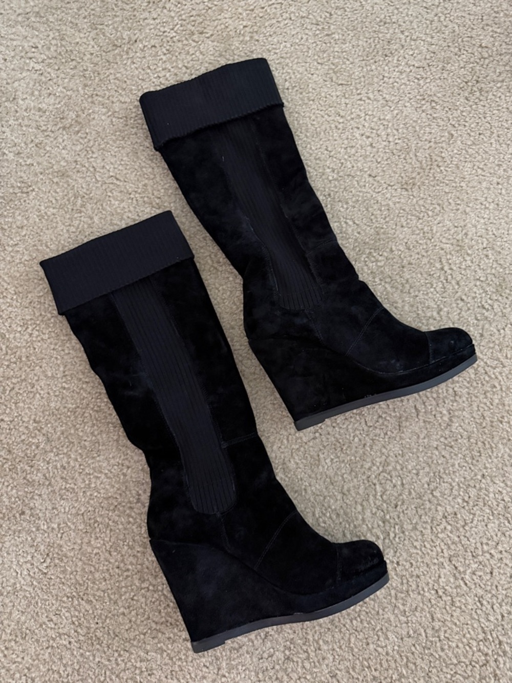 Black Suede Knee-High Wedge Boots-Never Worn